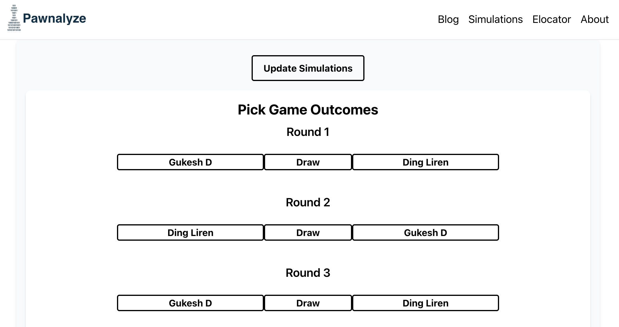 Pick the outcome of WCC games on Pawnalyze